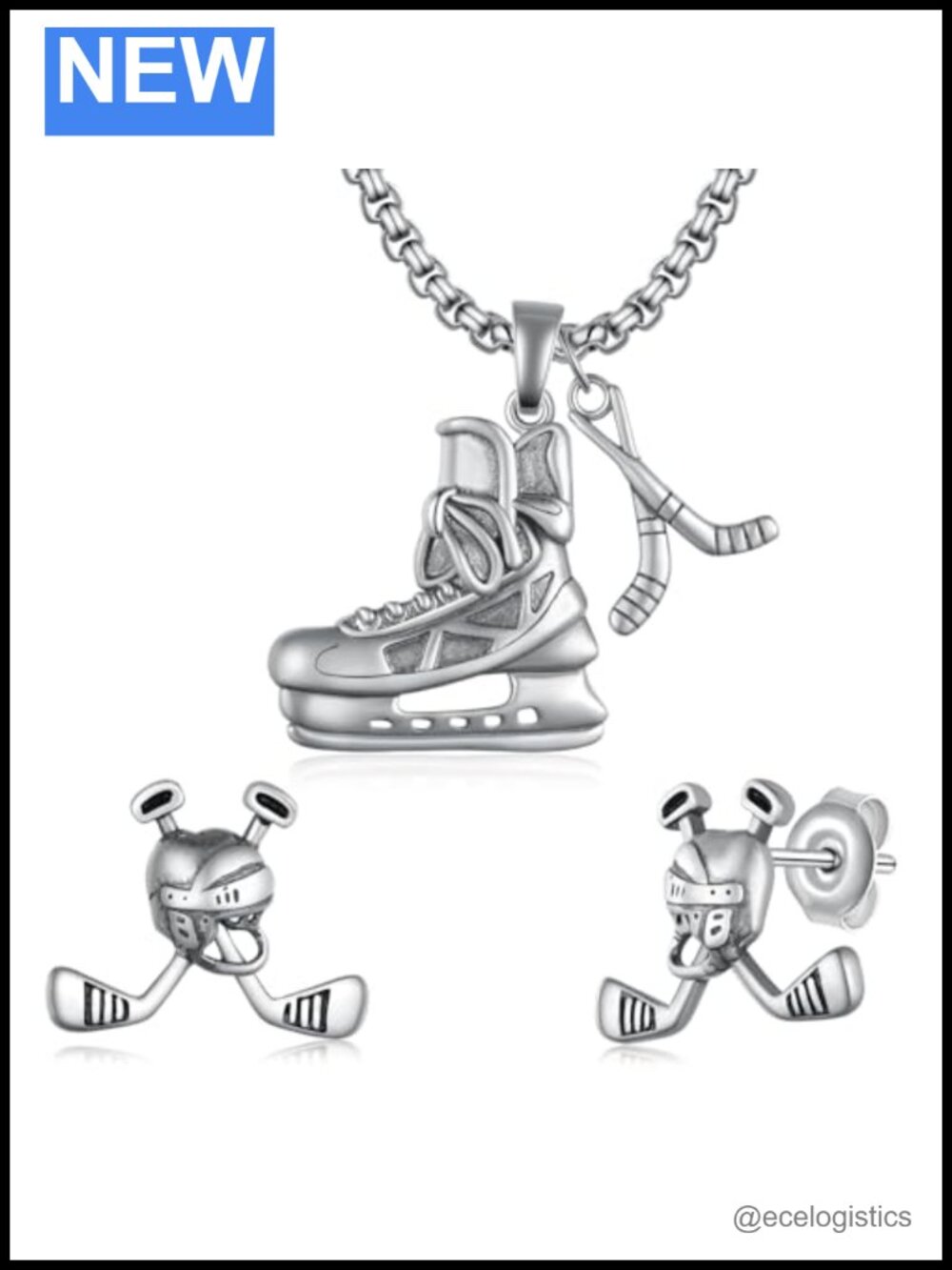 Sterling Silver Hockey Necklace & Earrings Set for Men Women